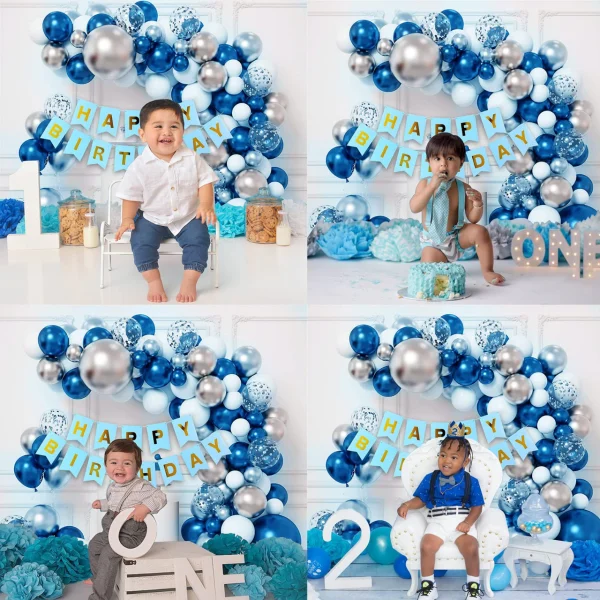 Birthday Decoration Combo Set – With Silver Foil Curtain, Blue Paper Birthday Banner, Metallic Balloons, Golden Confetti Balloons And Balloon