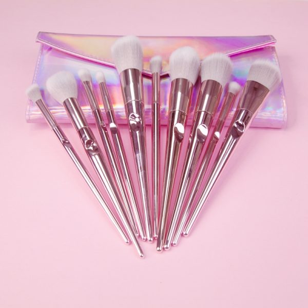 MAANGE 10 Piece Makeup Brush Set Metal Pink With Pouch