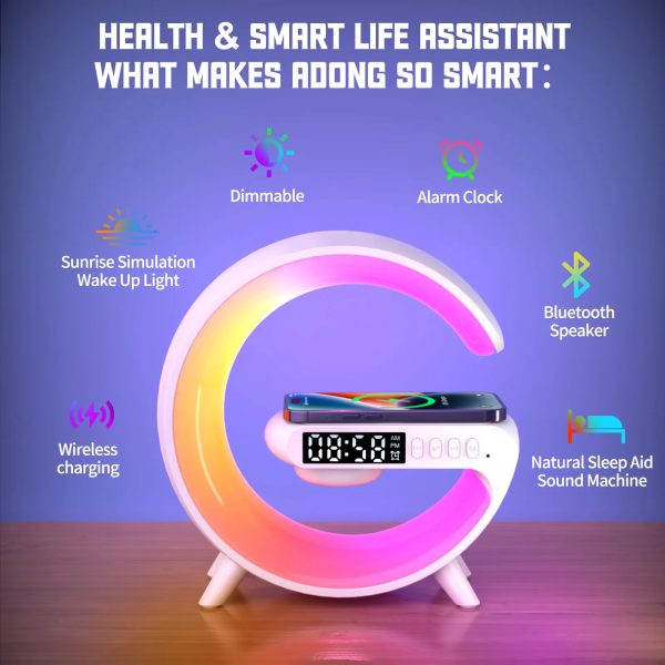 New Wireless Charging Light Up Speaker G Shape LED Wireless Table Speaker Color Changing Alarm Clock Charger Stand Bedside Light New (Charging only For Iphone)