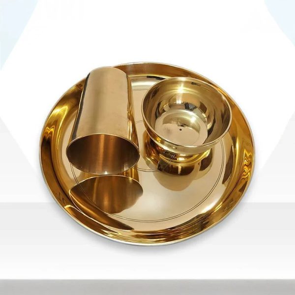 Brass Made Premium Plain Combo Set Plate: Size:- 10″, Weight:- 600-700 g + – Bowl: Size:- 4″, Weight:- 280gm + – Glass: Size:- 4.2″