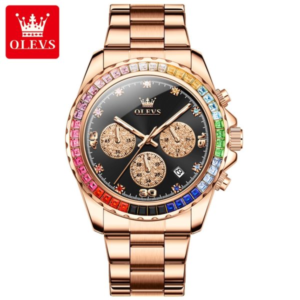 Olevs 2939 Stainless Steel Chronograph Wrist Watch For Men - Black and Rose Gold