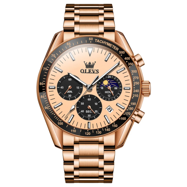 Olevs 3618 Stainless Steel Chronograph Wrist Watch For Men - Rose Gold