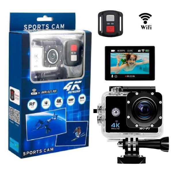 4K Ultra Waterproof Wifi Sports Action Camera Kit with Built In and Remote Control - 16MP - Black